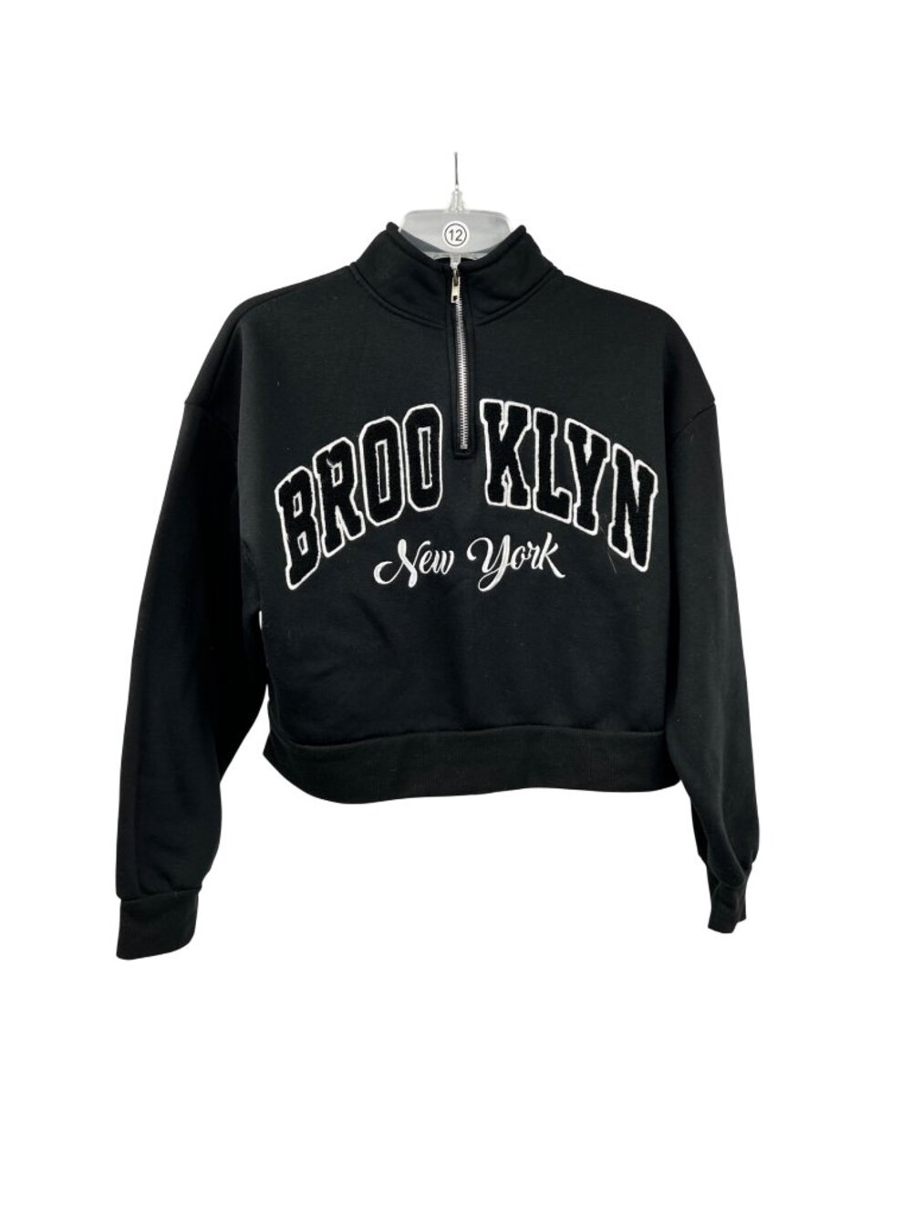 Faded Rose Womens Brooklyn New York Cropped Sweatshirt Black/White 1/4 Zip M